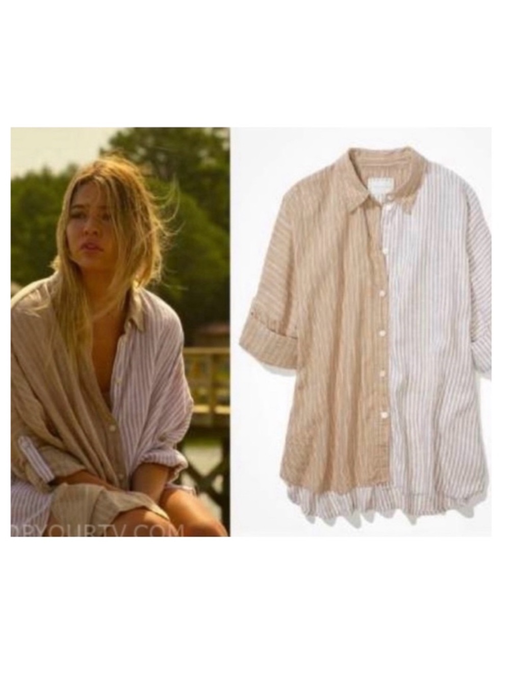 American Eagle Button Up Oversized Beach Shirt - Tan White Outer Banks OBX